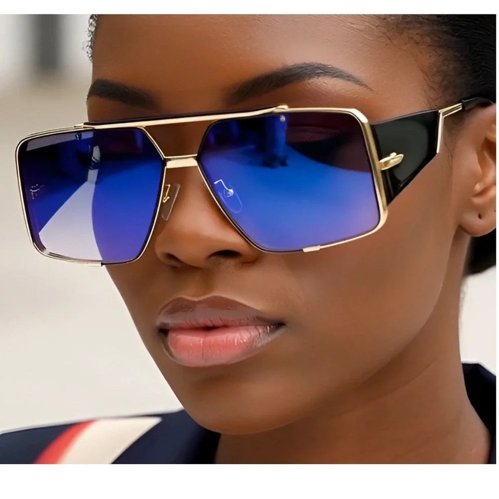 Oversized Square Sunglasses Gold Frame Gradient Blue Lenses Women's Fashion 2026